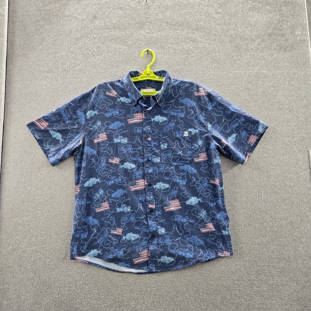 Huk Men Button Up Shirt L Blue Graphic‎ Print Fish American Flag Fishing